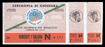 - 1956 Cortina Winter Olympics  Closing Ceremonies Unused Ticket