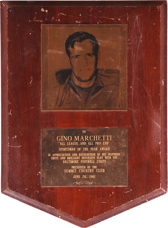- Gino Marchetti Baltimore Colts Football Presentation Plaque with Marchetti Signed LOA