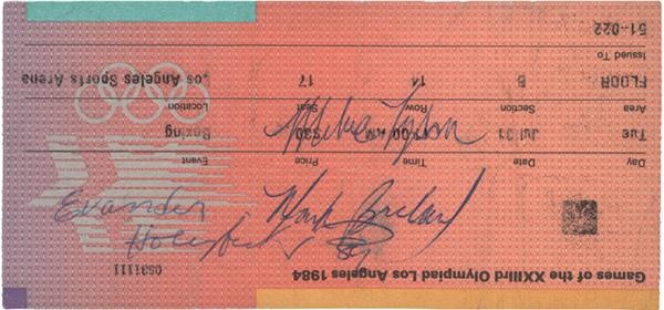 Muhammad Ali & Boxing - 1984 Olympics Boxing Ticket Signed by Tyson and Holyfield