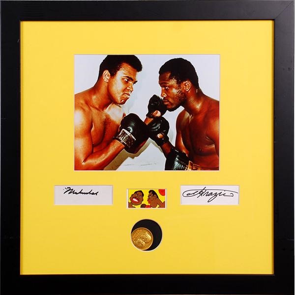 Muhammad Ali & Boxing - Muhammad Ali / Joe Frazier Signed Display with Rare Commemorative Medal