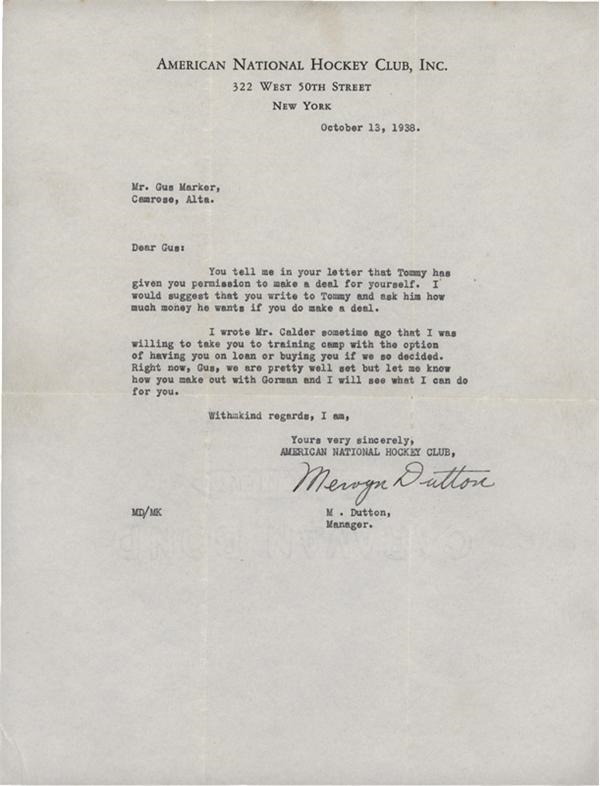 - Red Dutton New York Americans Signed Letter (1938)