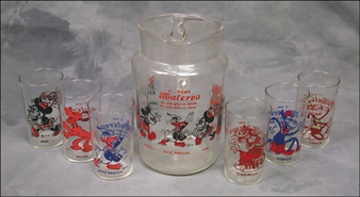 Disney - Rare 1930's Mickey Mouse Pitcher & Six Glasses