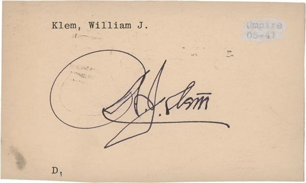 Baseball Autographs - Bill Klem Signed Index Card