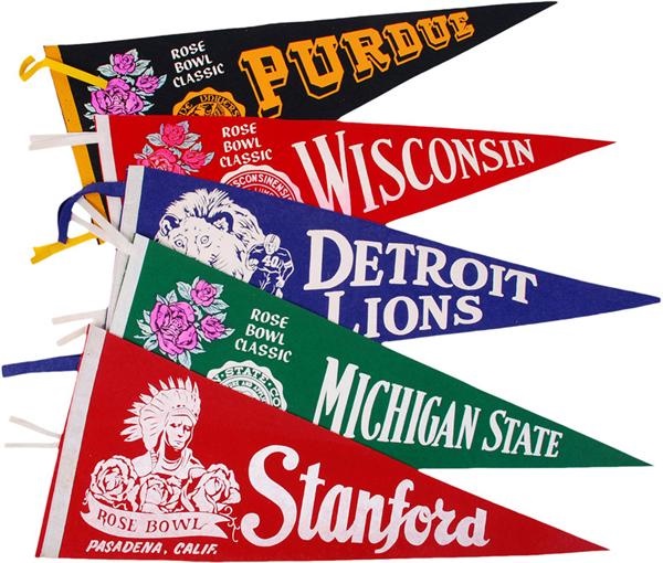 - 1960s Football Pennant Lot with Detroit Lions & Rose Bowl (5)