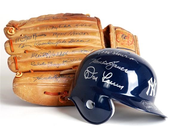 Baseball Autographs - Yankee Old-timers Signed Mini Helmet and Glove with 25 total Signatures