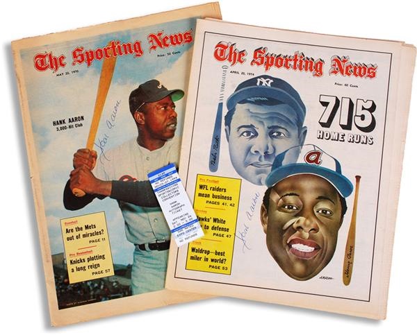 Baseball Autographs - Hank Aaron Signed The Sporting News Magazines (2)