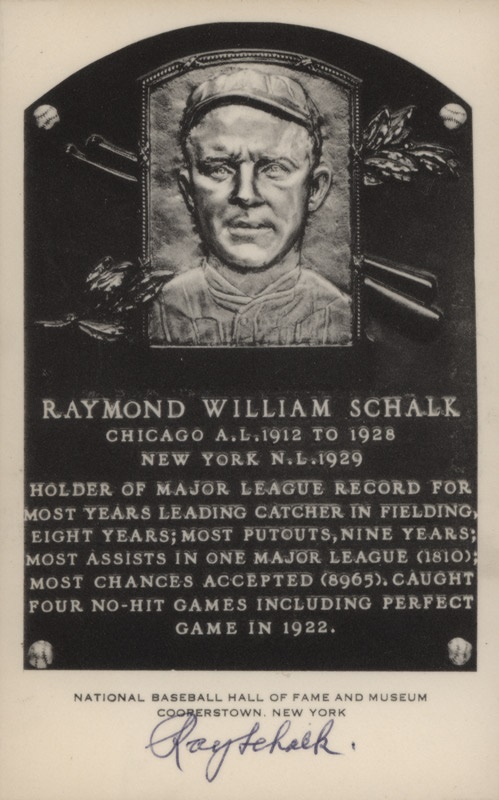 Baseball Autographs - Ray Schalk Signed B&W Hall of Fame Plaque Postcard