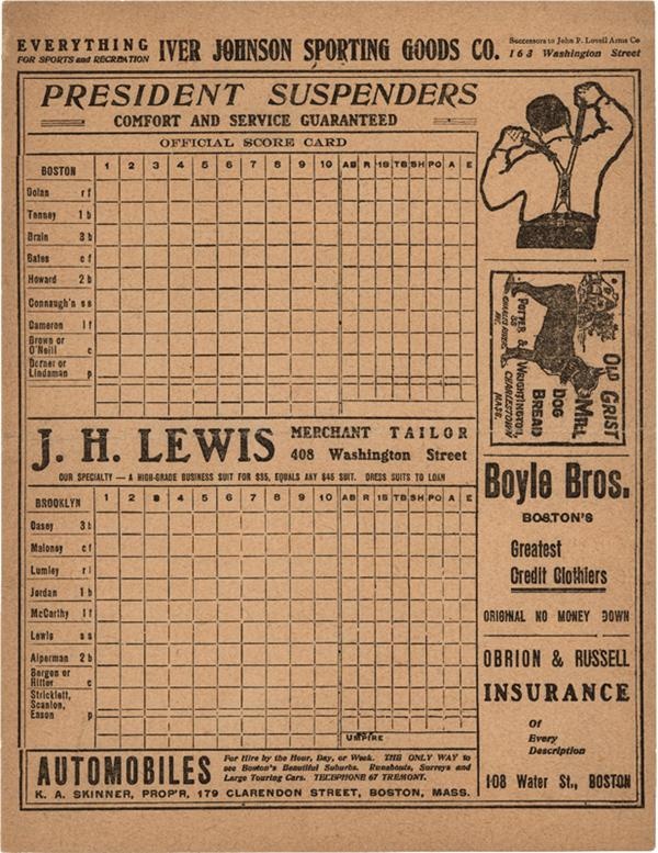 - 1906 Boston Nationals vs Brooklyn Dodgers Baseball Scorecard