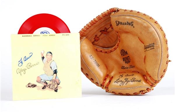 Baseball Autographs - Yogi Berra Model Signed Catcher's Mitt and signed 45 Record
