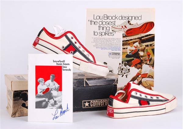 - Pair of Lou Brock Designed Kid's Shoes (1969) in Box w/ Signed Brochure and Ad