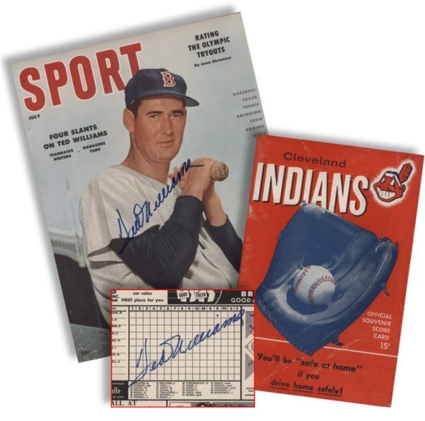Baseball Autographs - Ted Williams Signed Scorecard and Sport Magazine