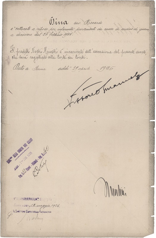 - 1926 Benito Mussolini & Vittorio Emanuele III Signed Italian Document