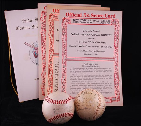 Baseball Autographs - 1936 NY Giants Team Signed Ball With Ott,  1943/44 Giants Team Signed Ball and Baseball Dinner Programs (4)