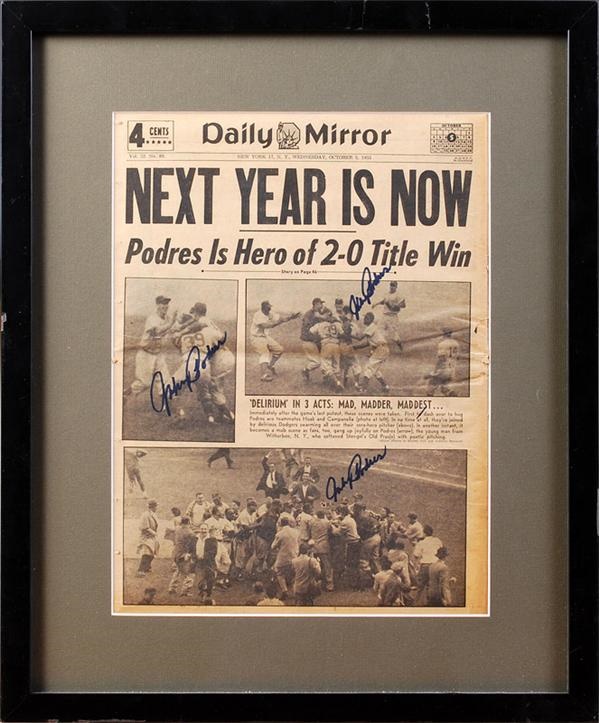 Baseball Autographs - Johnny Podres Triple Signed 1955 World Series Newspaper