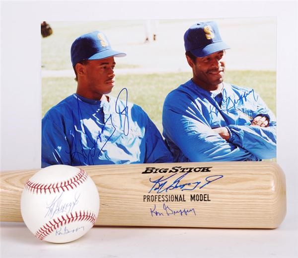 Baseball Autographs - Ken Griffey Jr & Sr Signed Photo, Ball & Bat Lot