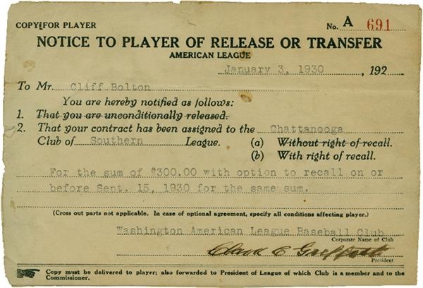 Baseball Autographs - Clark Griffith Signed 1930 Baseball Player Transfer