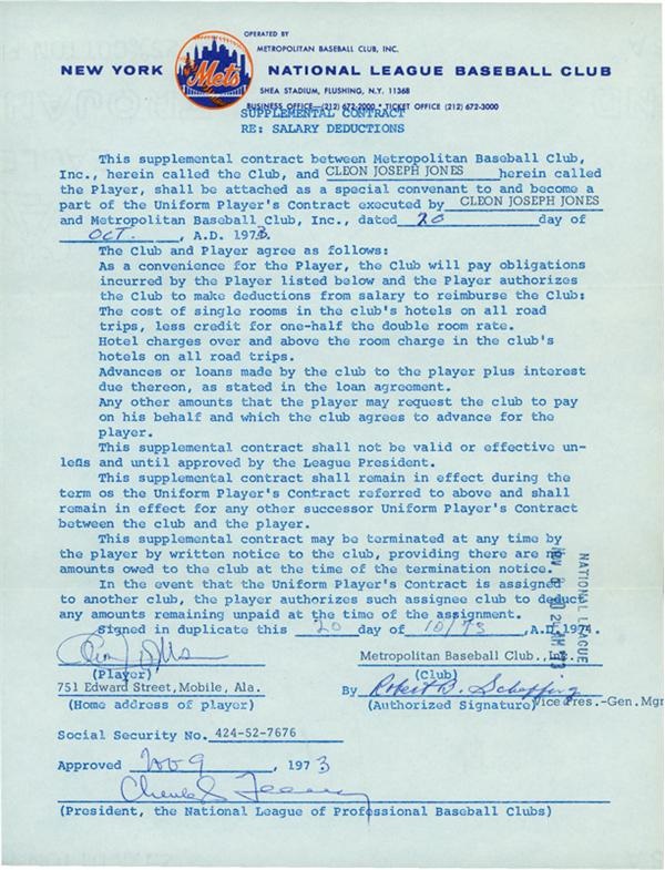 Baseball Autographs - Charles Feeney & Cleon Jones Signed 1973 New York Mets Contract