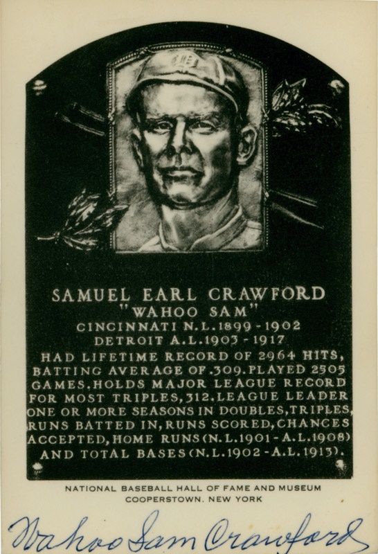 Baseball Autographs - Wahoo Sam Crawford Signed Black and White Hall of Fame Plaque