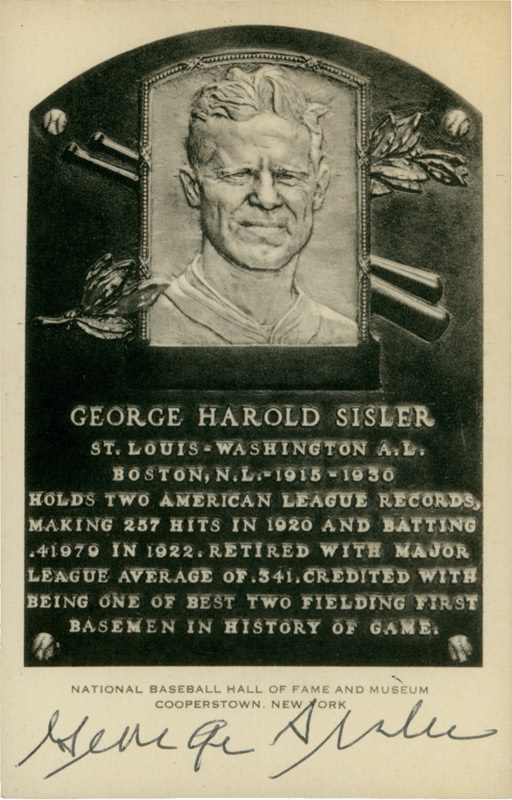 Baseball Autographs - George Sisler Signed Black and White Hall of Fame Plaque