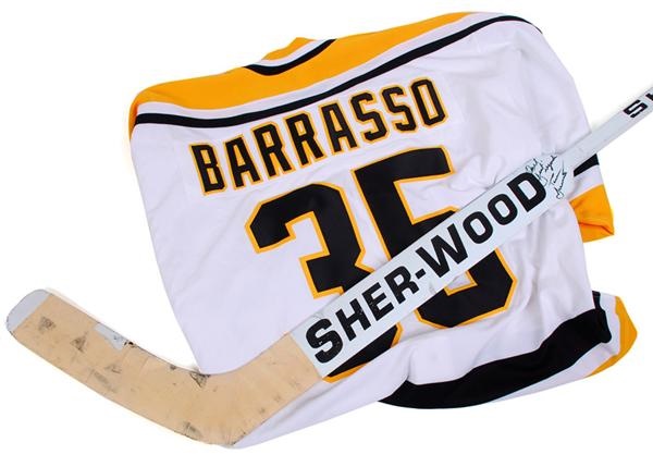 - 1994-95 Tom Barrasso Pittsburgh Penguins Game Issued Jersey and Game Used & Signed Stick