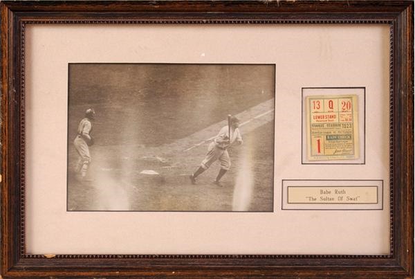 - 1923 Original Yankee Stadium World Series Ticket Stub Framed With Vintage Babe Ruth Wire Photo