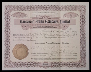 - 1914 Vancouver Millionaires Stock Certificate Signed By Frank Patrick