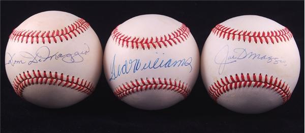 Baseball Autographs - Joe Dimaggio, Ted Williams and Dom Dimaggio Signed Baseball's (3)