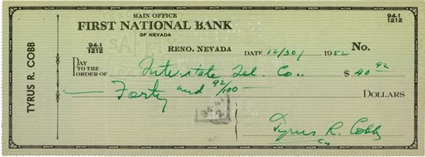 Baseball Autographs - 1952 Ty Cobb Signed Check