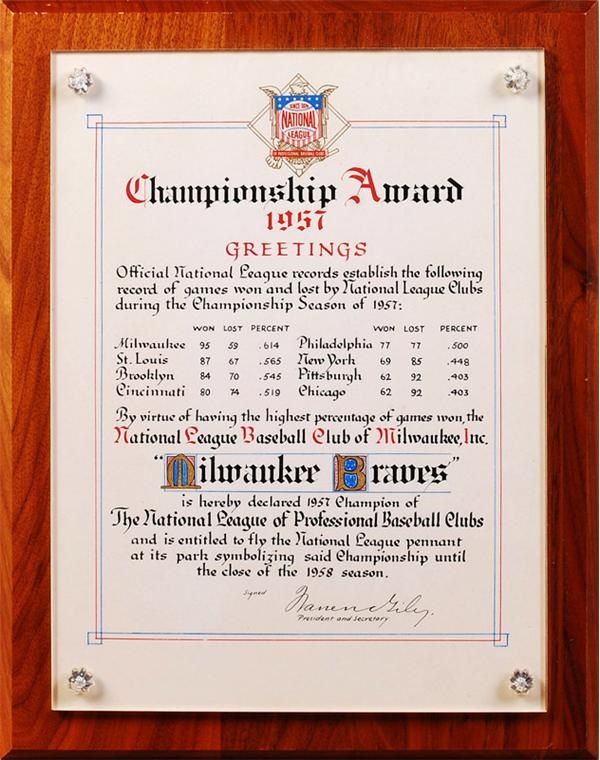 1957 Milwaukee Braves National League Certificate for Winning the Pennant