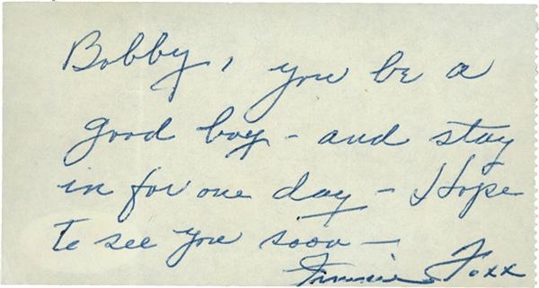 Baseball Autographs - Jimmie Foxx Signed Handwritten Note