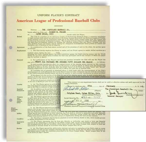 - 1954 Bob Feller Signed Cleveland Indians Player's Contract