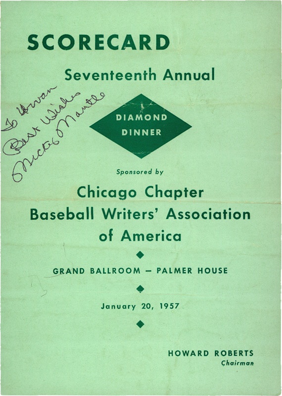 - 1957 Mickey Mantle Signed Baseball Writers of America Program