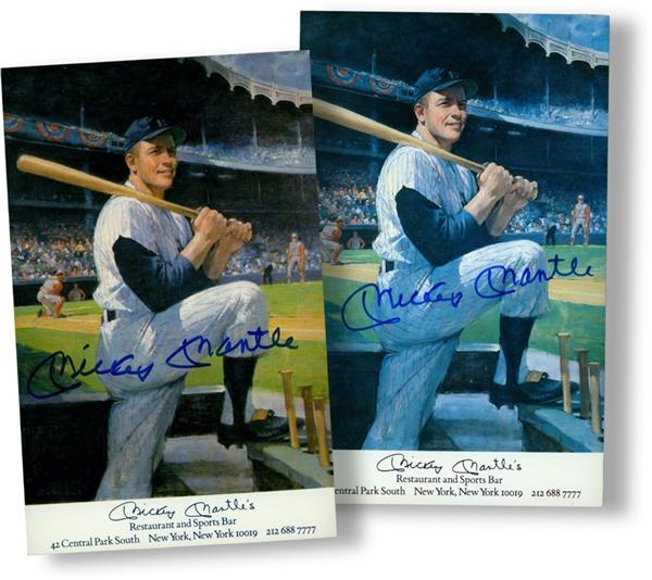 Baseball Autographs - Two Mickey Mantle Signed Restaurant Cards