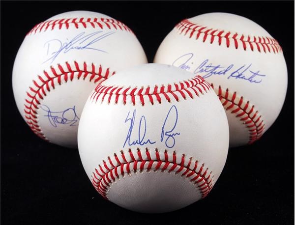 Pitching Hall of Famers & Stars Single Signed Baseball Lot (3) with Catfish Hunter and Nolan Ryan