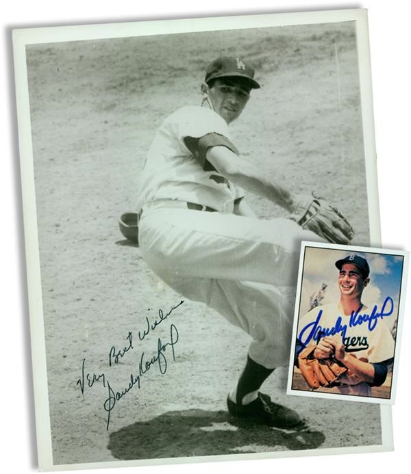 Baseball Autographs - Sandy Koufax Signed Photograph and Trading Card (2)