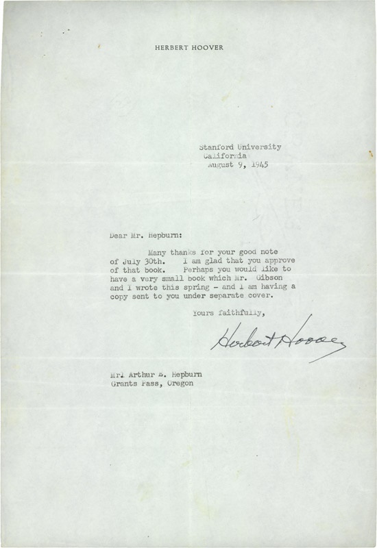 - President Herbert Hoover Signed Letter TLS (1945)