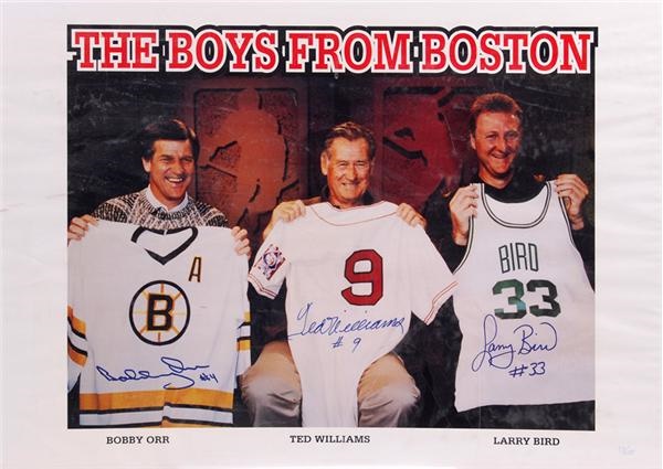 Baseball Autographs - Bobby Orr, Larry Bird, Ted Williams Signed "Boys of Boston" Photo