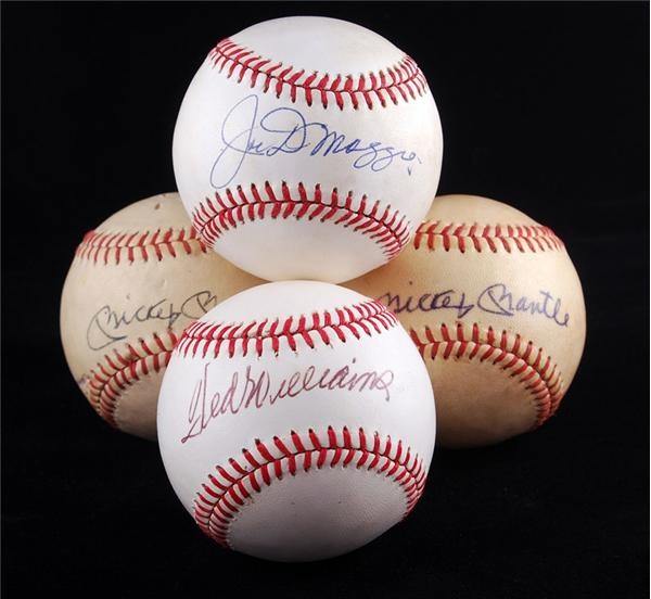 Baseball Autographs - Ted Williams / Joe Dimaggio / Mickey Mantle Single Signed Baseball Lot (4)