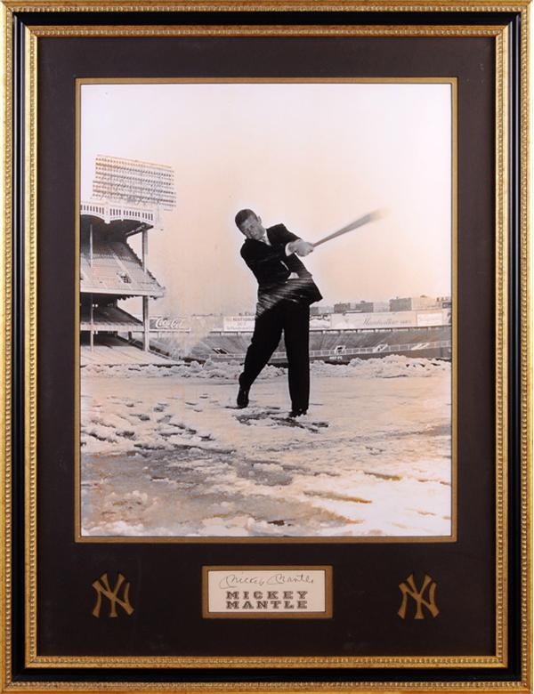 Baseball Autographs - Mickey Mantle Framed 23" x 30" "The Smasher" Snowball Photo By Nat Fein With Signed Cut