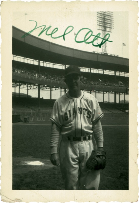 Baseball Autographs - Mel Ott Signed Snapshot Photograph