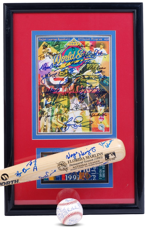 Baseball Autographs - 1993 & 1997 Florida Marlins Team Signed Bat, Ball and World Series Program (3)