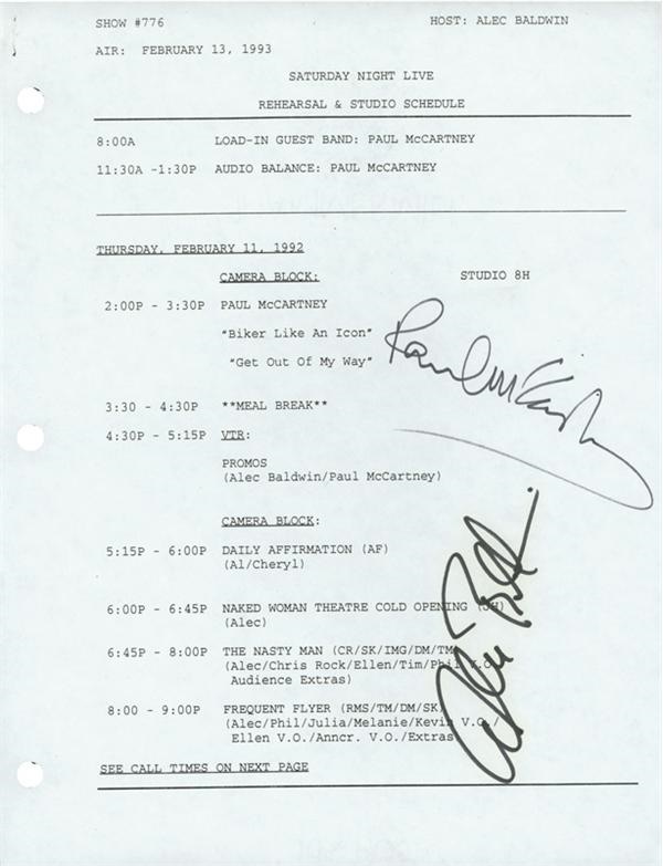 Paul McCartney and Alec Baldwin Signed Saturday Night Live Schedule