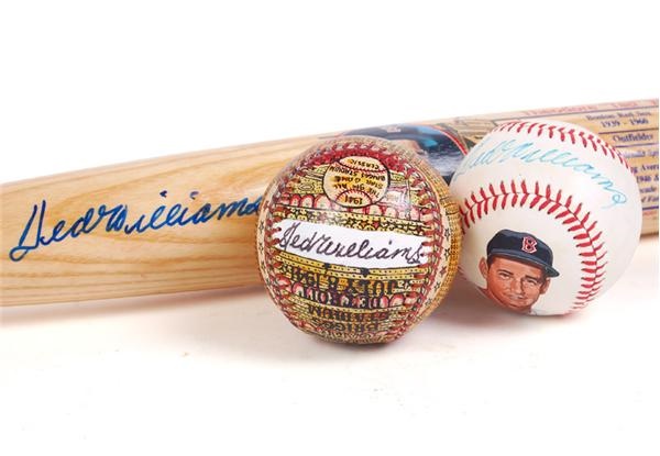- Ted Williams Signed Bat and Two Signed Painted Baseballs (3)