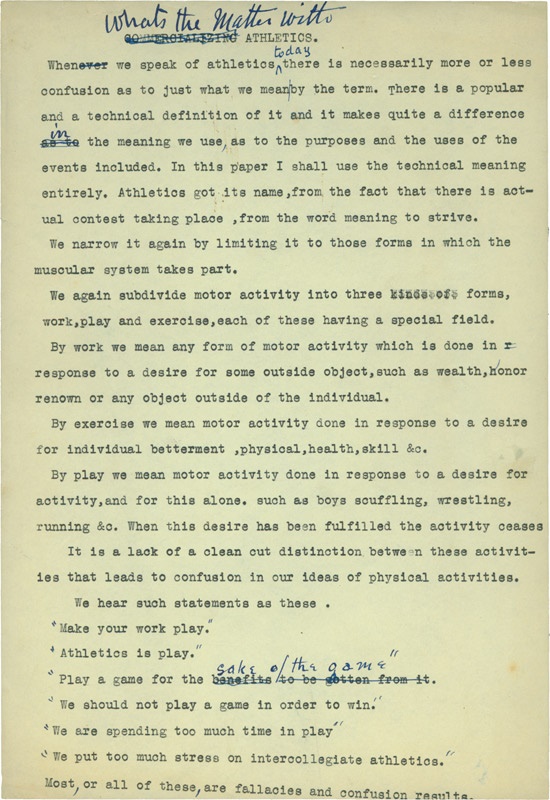 - James Naismith Typed Essay/Speech on “What’s The Matter With Athletics”