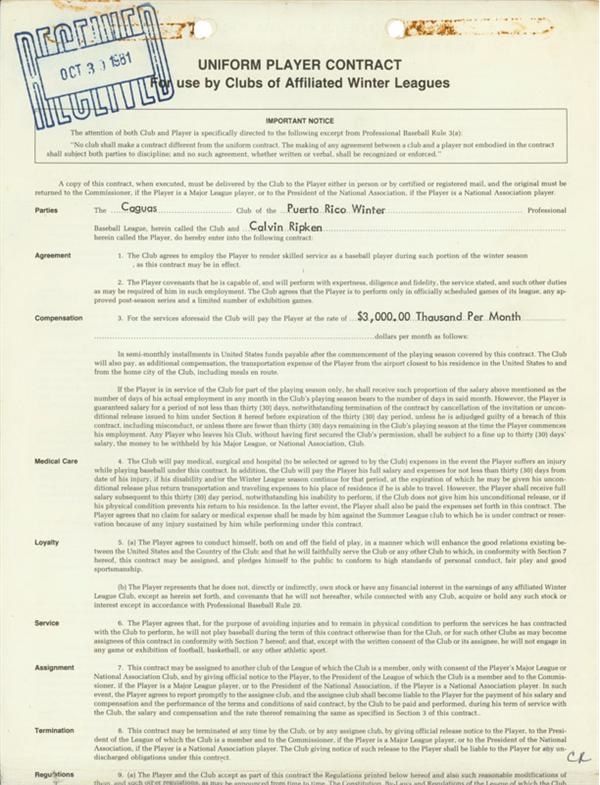 Baseball Autographs - Cal Ripken Jr. Signed Puerto Rican Winter League Contract (1981)