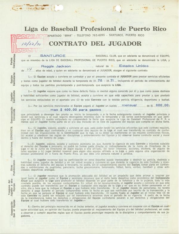 Baseball Autographs - Reggie Jackson Puerto Rican Winter League Contract (1970)