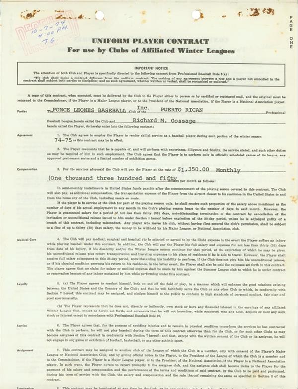 - Rich Gossage Puerto Rican Winter League Contract (1974)