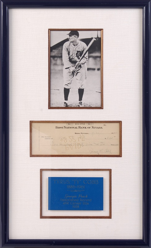 Baseball Autographs - Ty Cobb Signed Bank Check Display (1945)