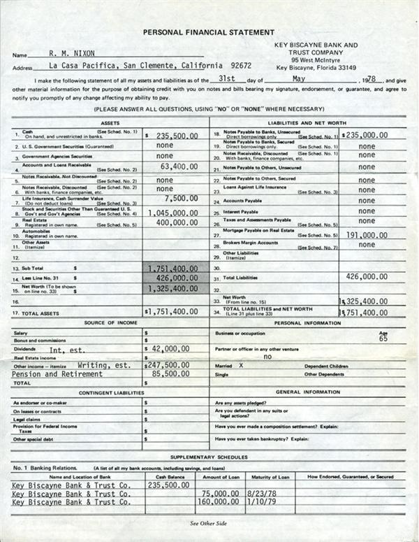 1978 Richard Nixon Signed Financial Statement and Bank Signature Card (2)