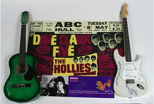 Beach Boys Signed Guitar, Picketts Signed Guitar, Dave Clark 5 Poster signed by Mike Smith, Wingspan Signed Promo Poster and Japanese Spider Man Poster signed by Star Lee from His Personal Collection